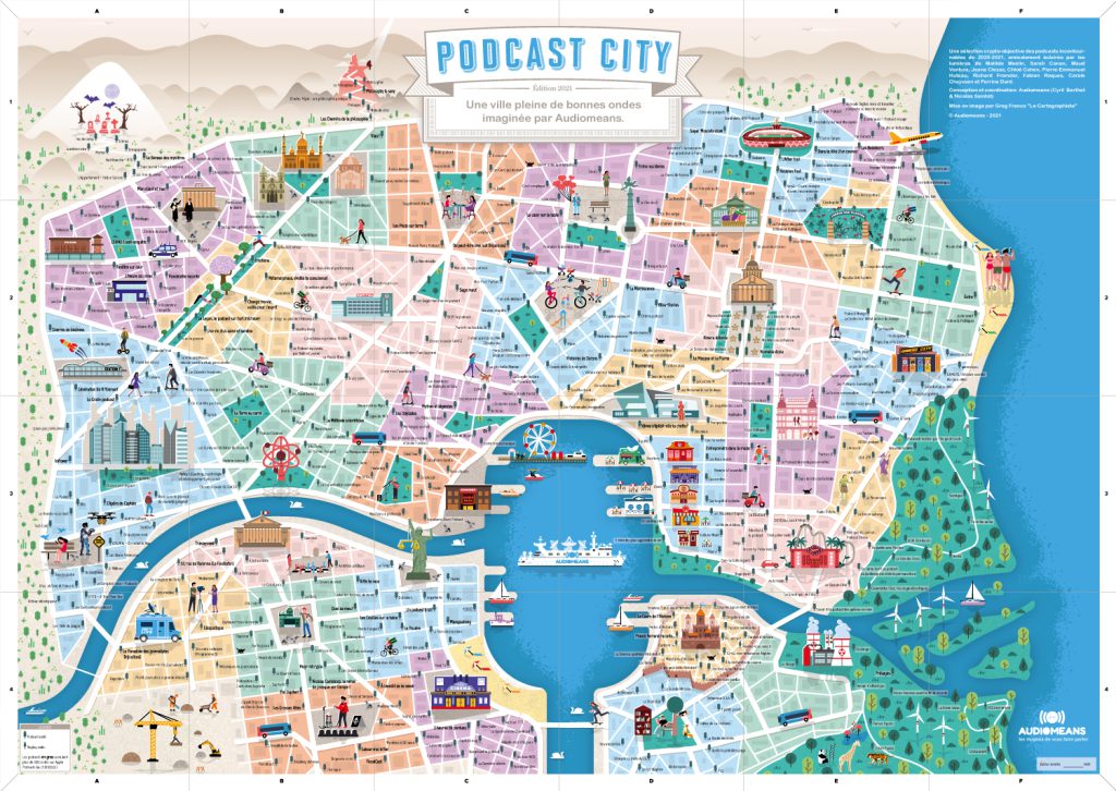 Illustrated map of fictional Podcast City - Greg Franco - Le Cartographiste