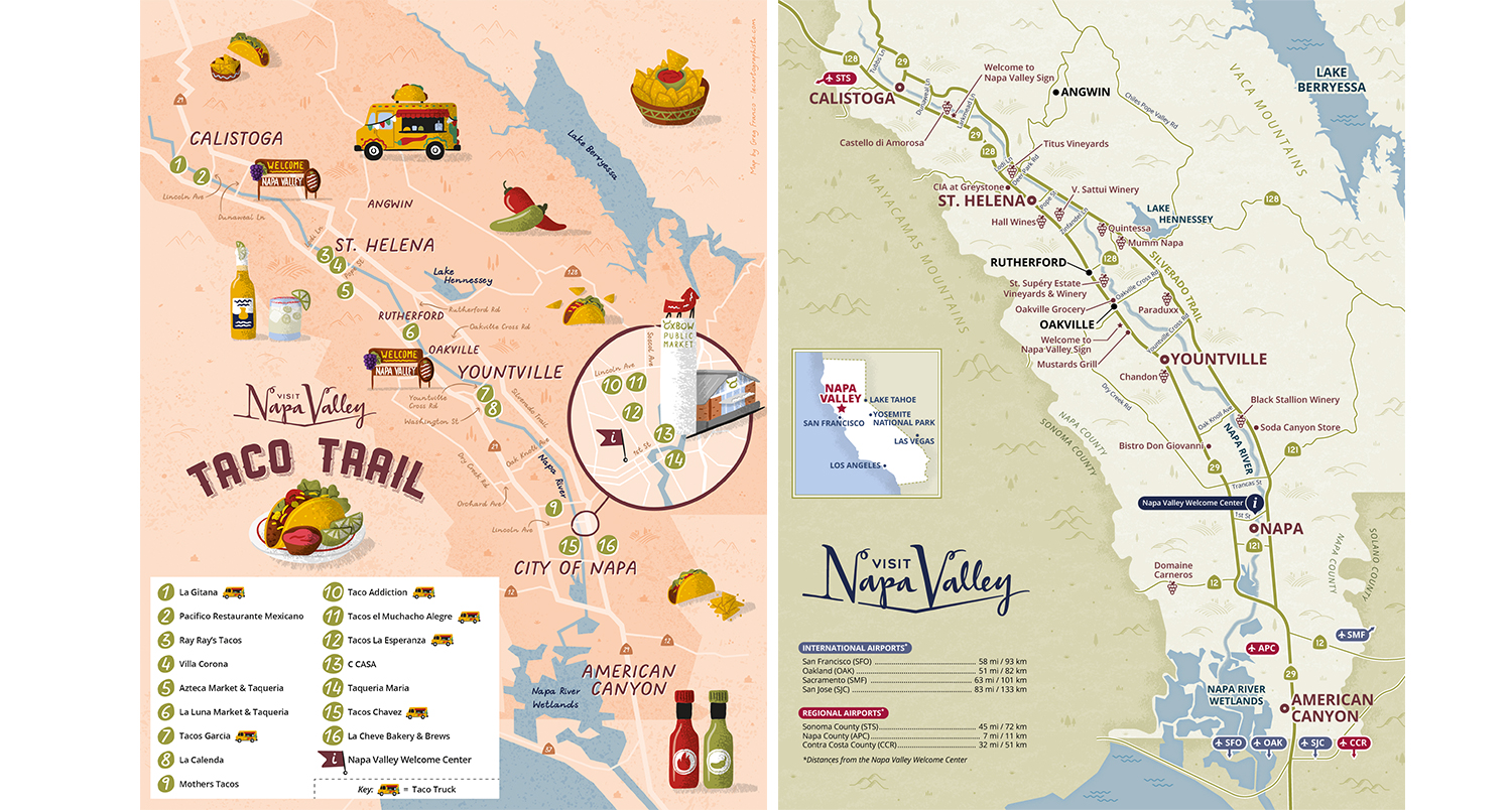 Comparison of an illustrated (on the left) and a practical (on the right) map of the same area: Napa Valley