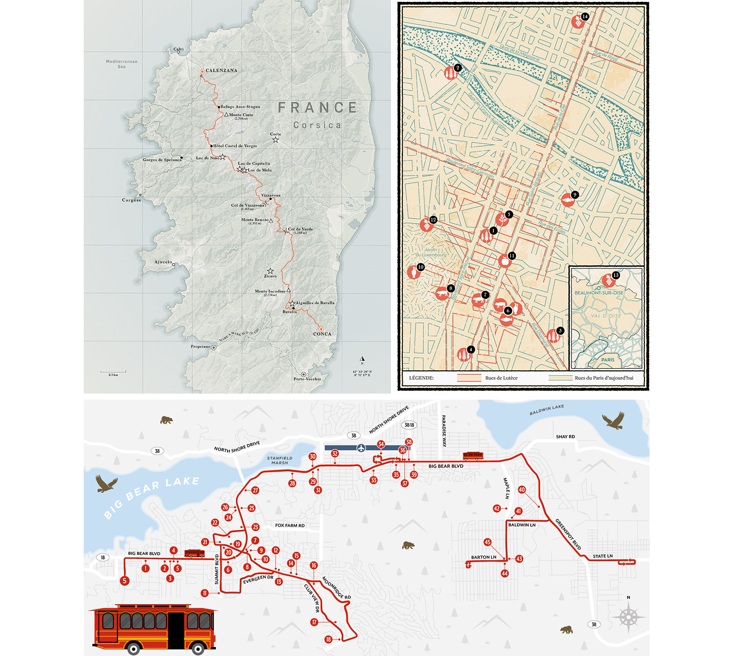 3 examples of practical maps: hiking trail, street map of Paris, transit map for Big Bear Lake trolley