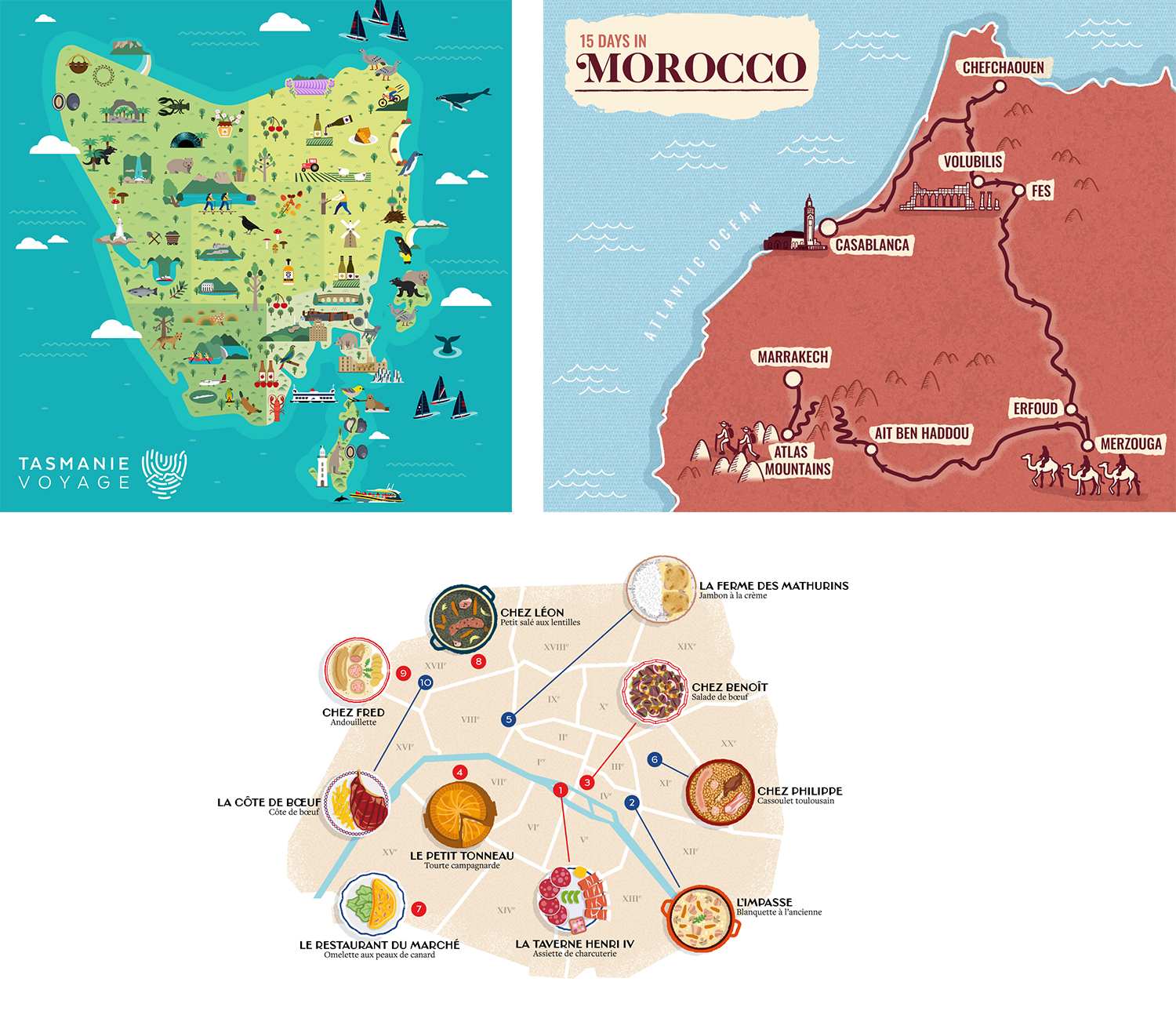 3 examples of illustrated maps: map of Tasmania, itinerary in Morocco, typical Parisian restaurants