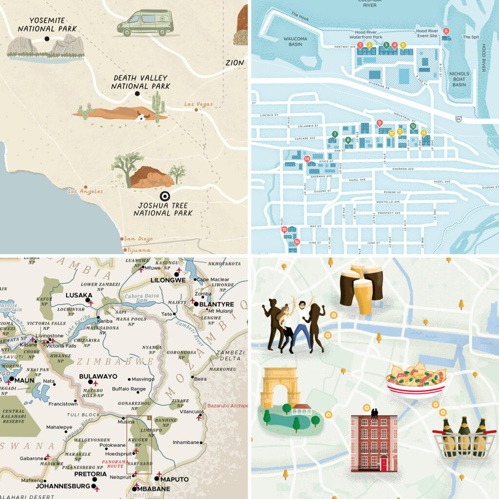 Split image made of 2 illustrated and 2 practical maps