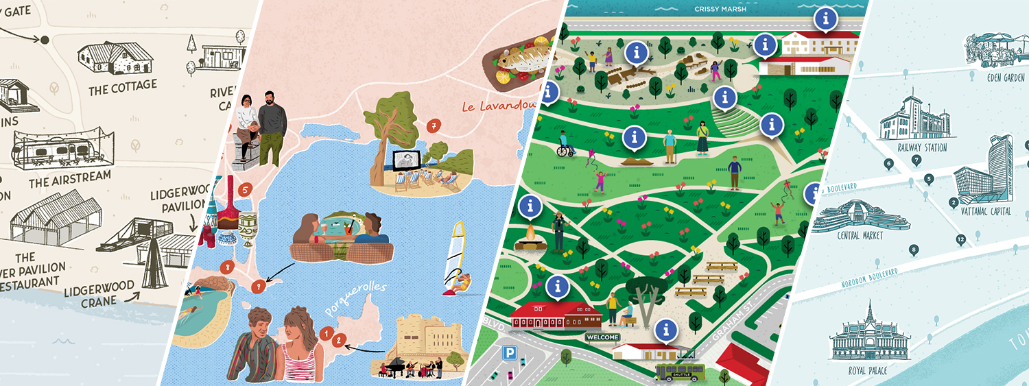 Header for the article What is an illustrated map showing a split image made of 4 different illustrated map examples