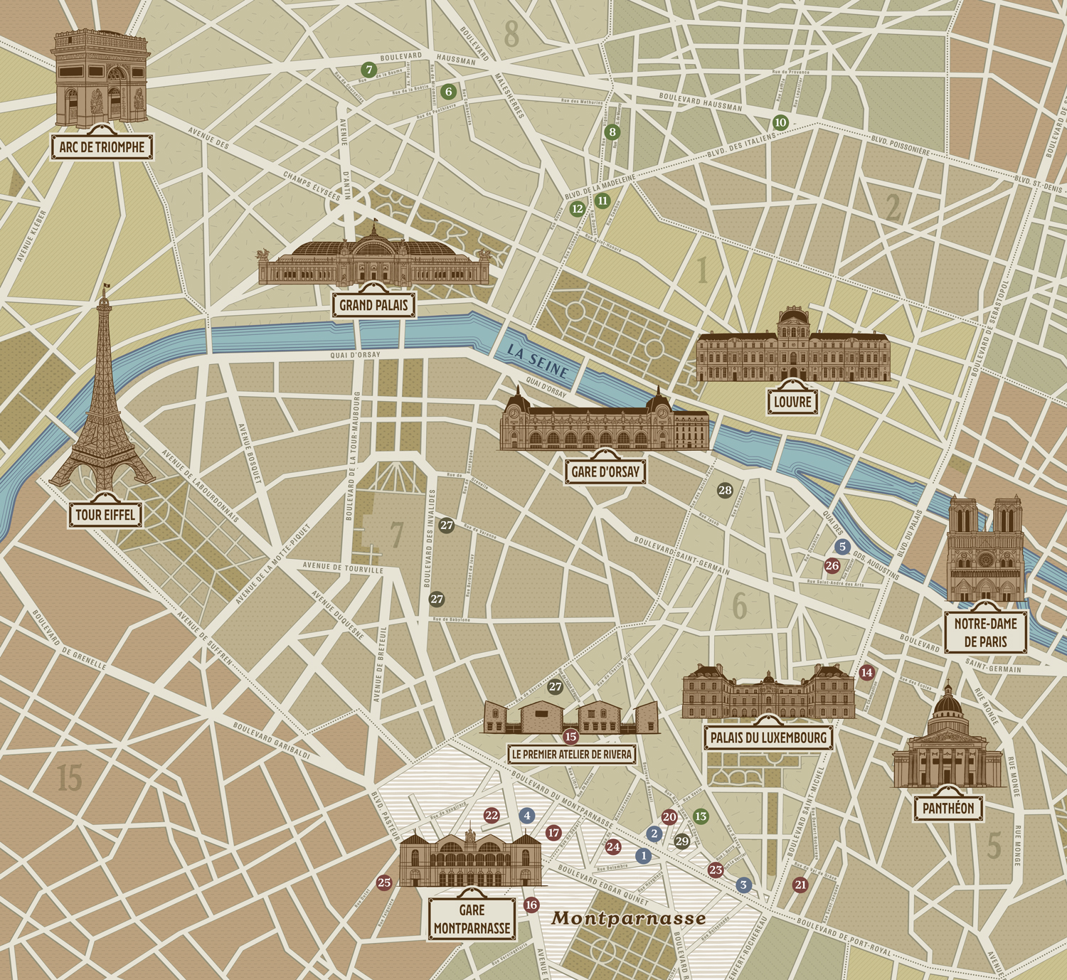 Illustrated map of Paris landmarks for an art exhibition at the ...