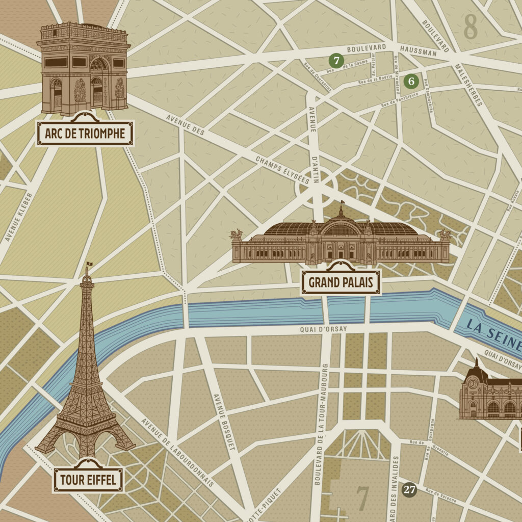 Illustrated map of Paris landmarks for an art exhibition at the ...